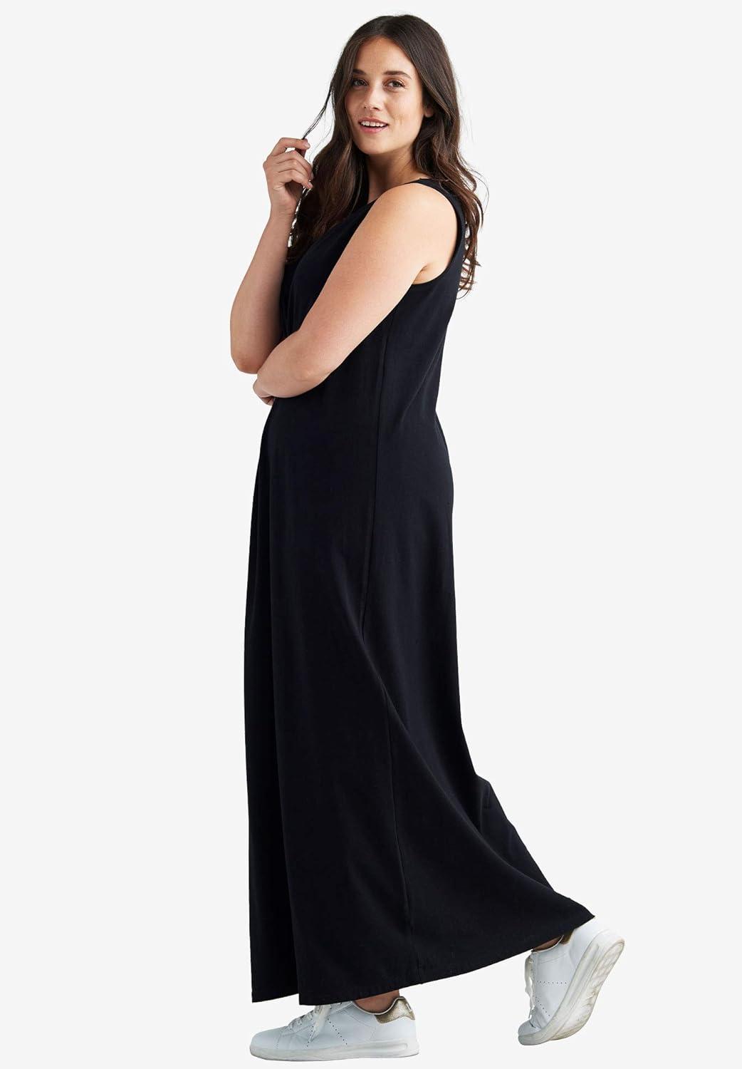 image:imageellos Plus Size Cotton Spandex Scoop Neck Sleeveless A Line Maxi DressBlack Tan Fern Print
