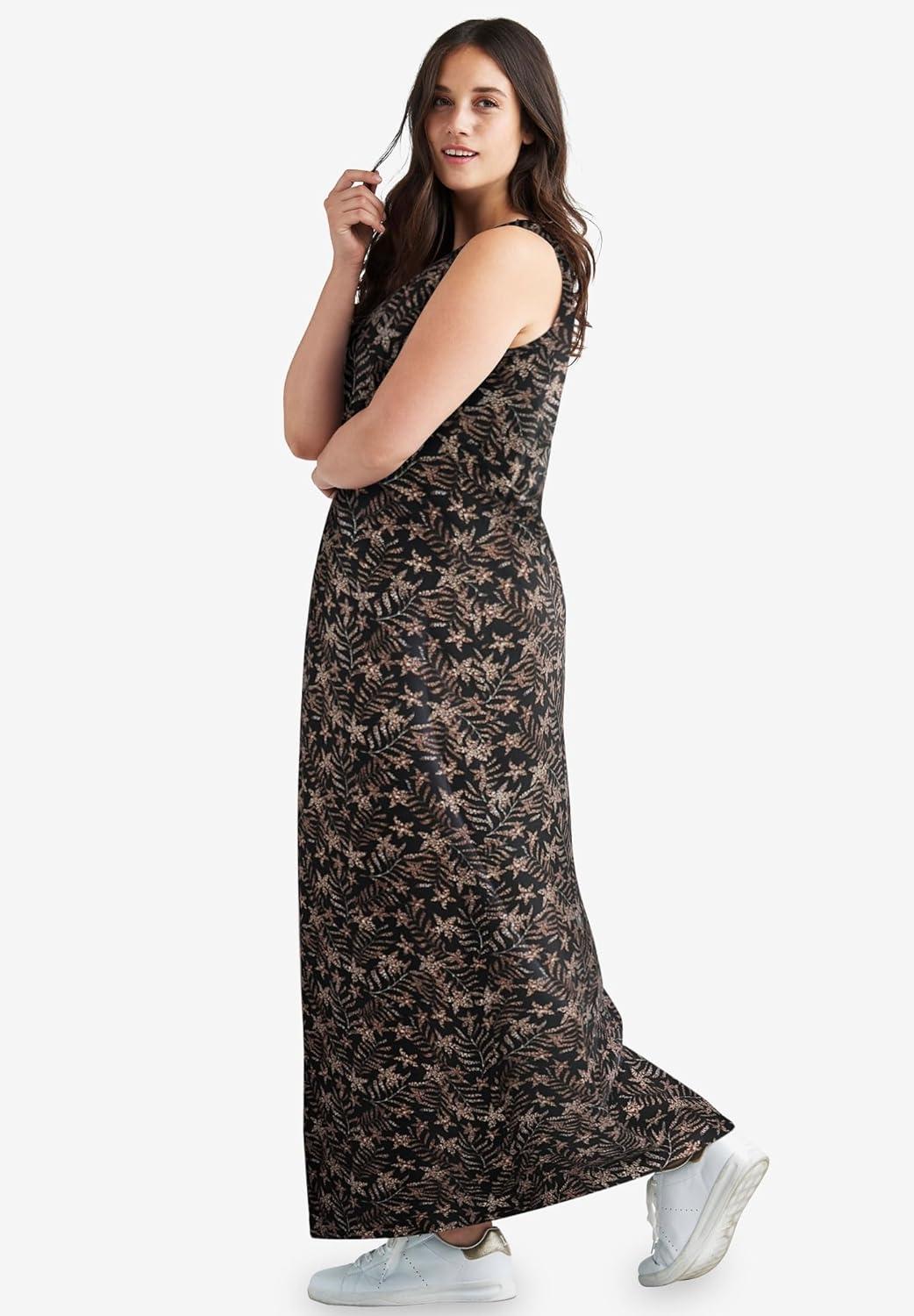 image:imageellos Plus Size Cotton Spandex Scoop Neck Sleeveless A Line Maxi DressBlack Tan Fern Print