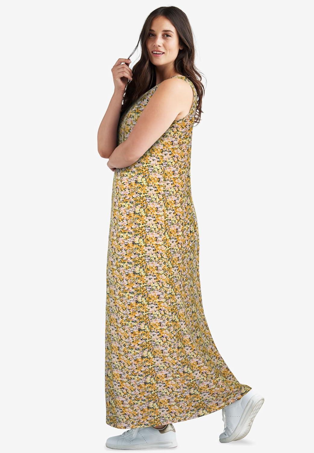 image:imageellos Plus Size Cotton Spandex Scoop Neck Sleeveless A Line Maxi DressButter Lilac Ditsy Floral