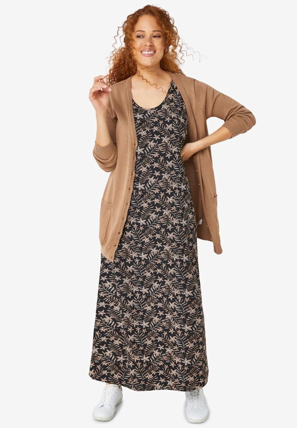 image:imageellos Plus Size Cotton Spandex Scoop Neck Sleeveless A Line Maxi DressGrey Spruce Ditsy Floral