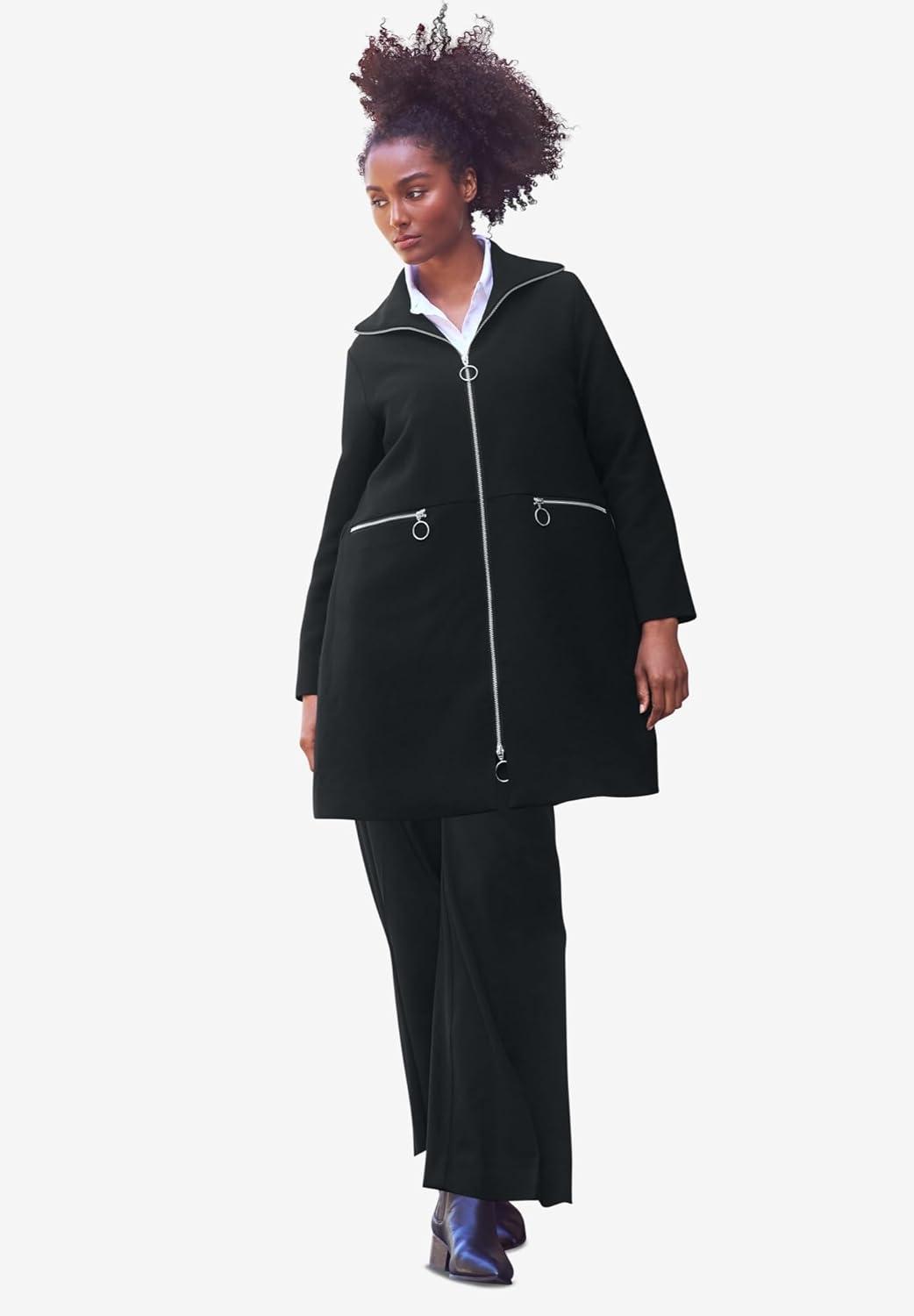 image:imageellos Plus Size Stretch Crepe Zip Front A Line Back Pleat CoatBlack