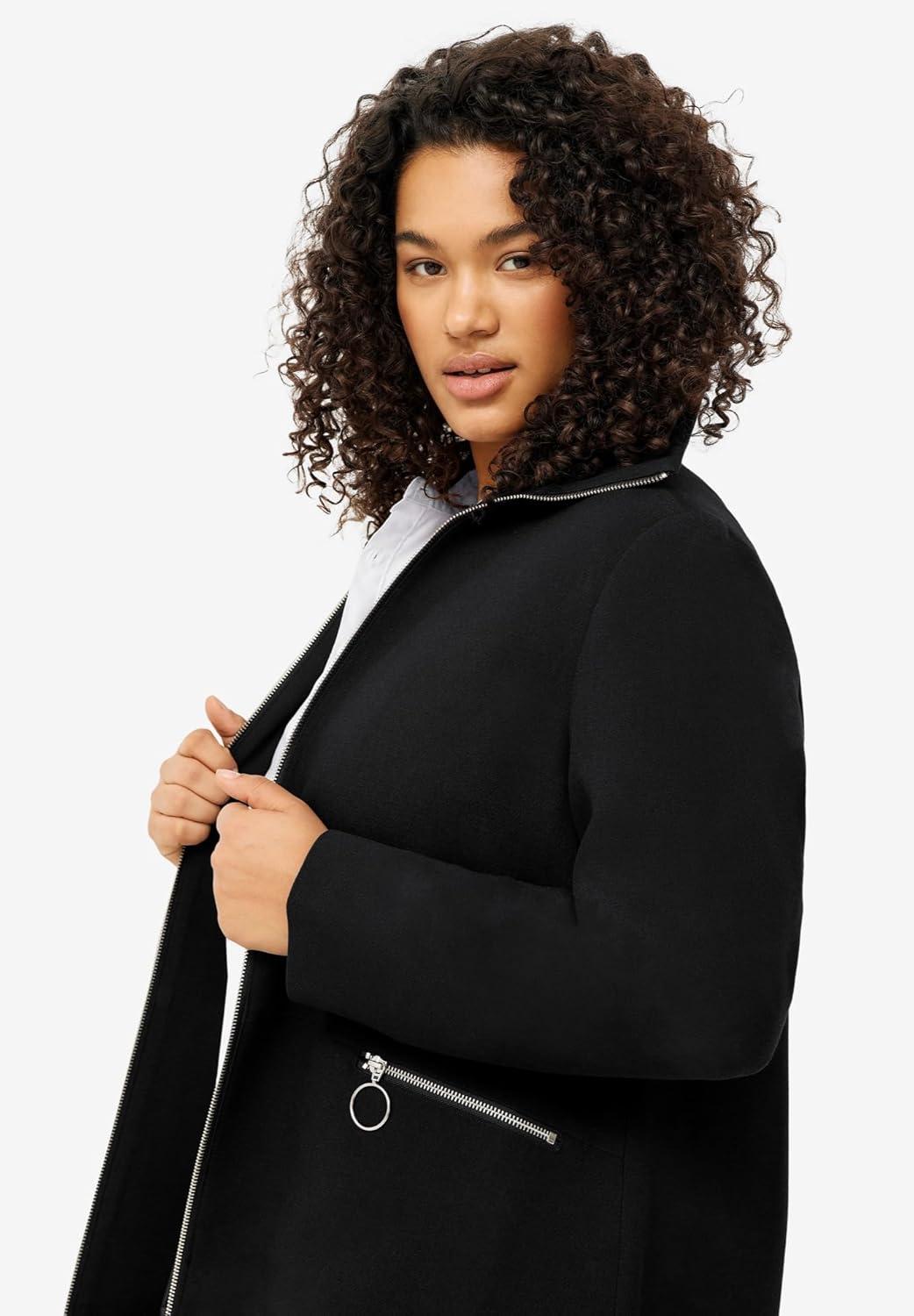 image:imageellos Plus Size Stretch Crepe Zip Front A Line Back Pleat CoatNavy