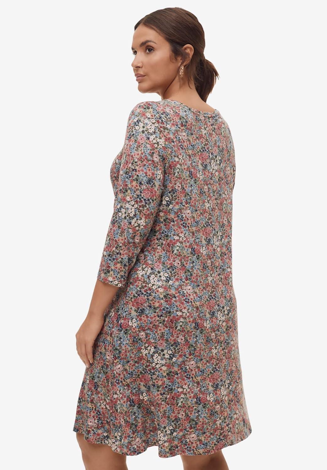 image:imageellos Plus Size Stretch Knit Scoop Neck 34 Sleeve A Line DressBlack Abstract Dot