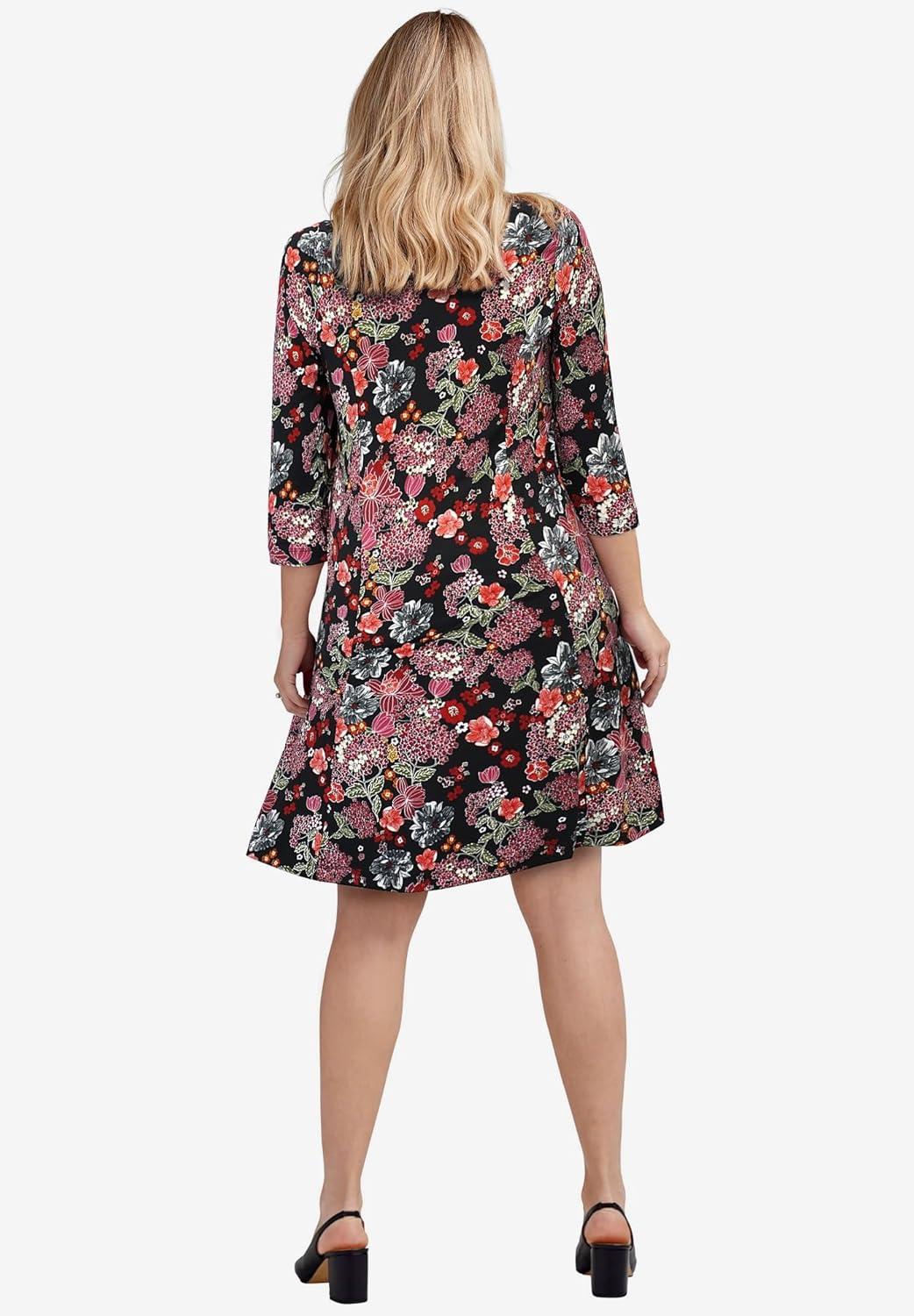 image:imageellos Plus Size Stretch Knit Scoop Neck 34 Sleeve A Line DressBlack Floral Print