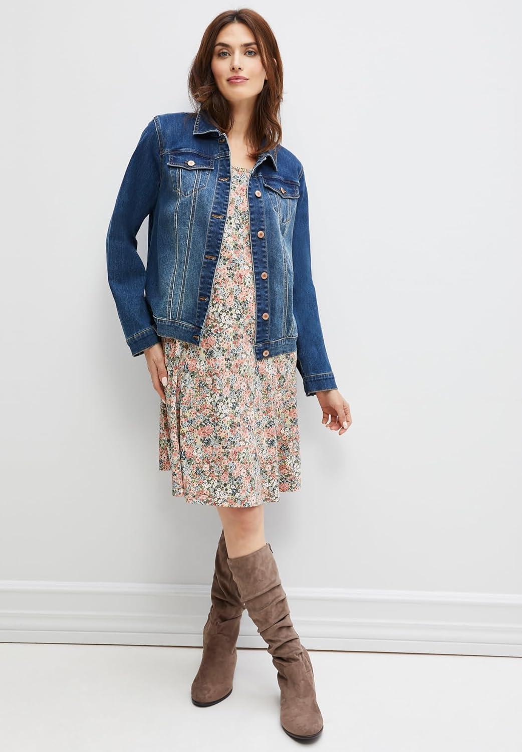 image:imageellos Plus Size Stretch Knit Scoop Neck 34 Sleeve A Line DressBlack Floral Print