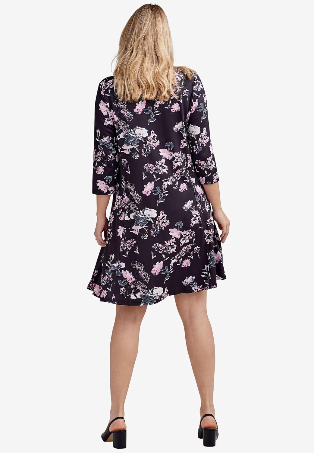image:imageellos Plus Size Stretch Knit Scoop Neck 34 Sleeve A Line DressGrey Spruce Ditsy Floral