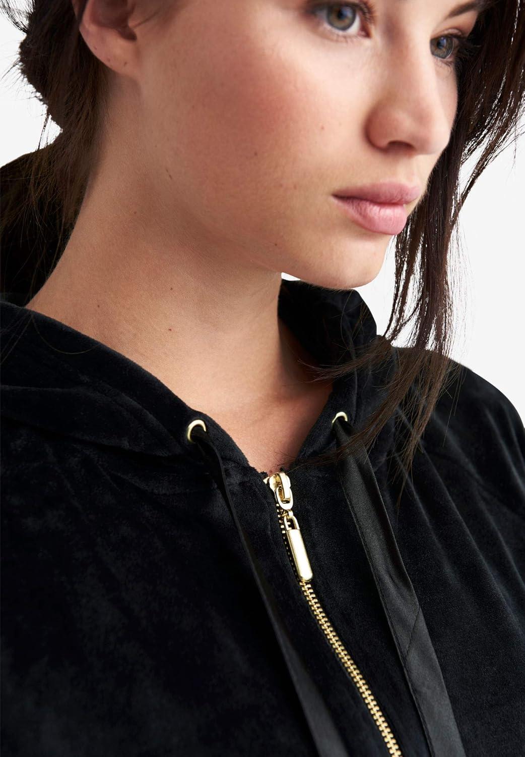 image:imageellos Plus Size Stretch Velour Zip Front Long Sleeve Jacket With HoodFig