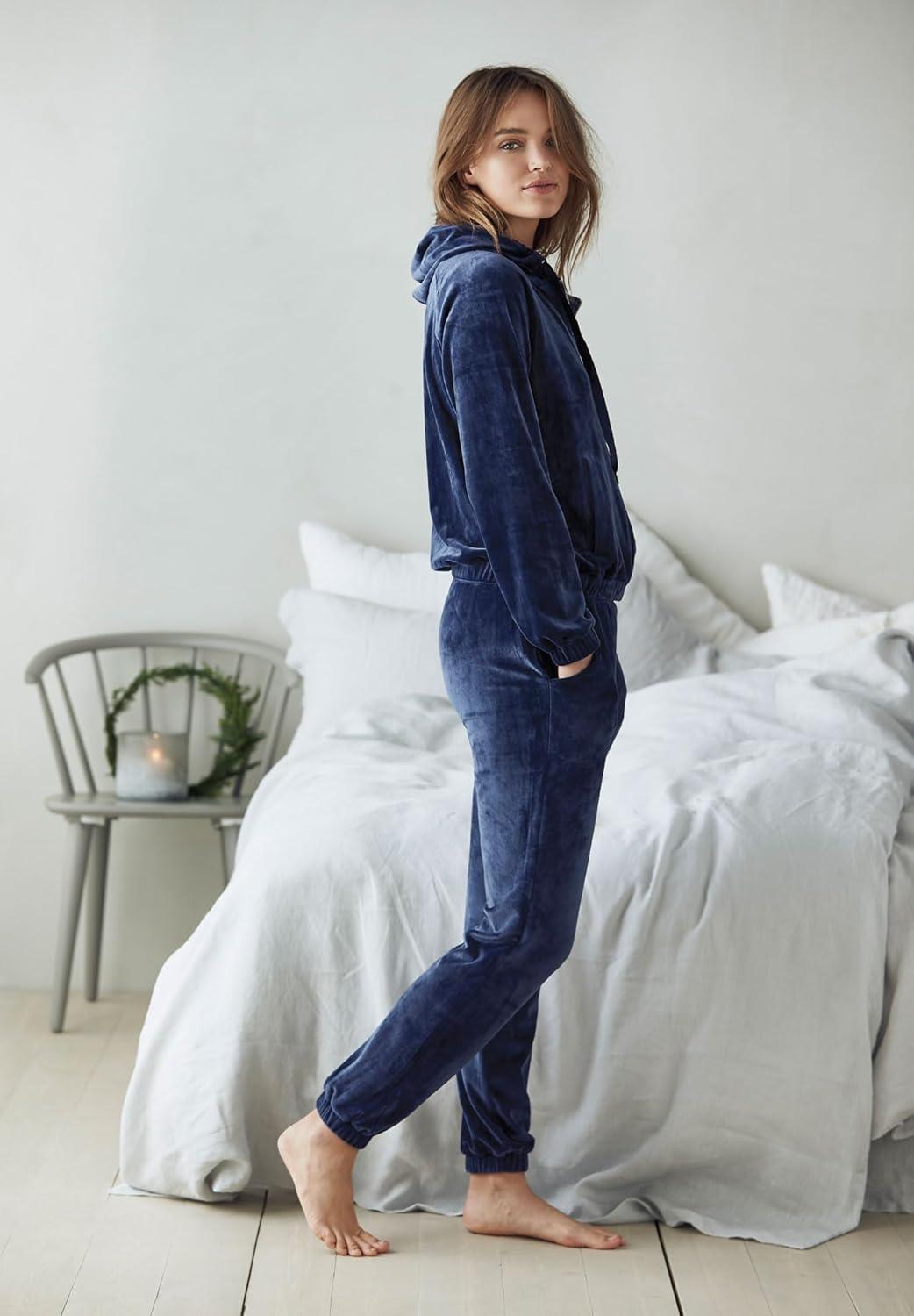 image:imageellos Plus Size Stretch Velour Zip Front Long Sleeve Jacket With HoodPale Indigo
