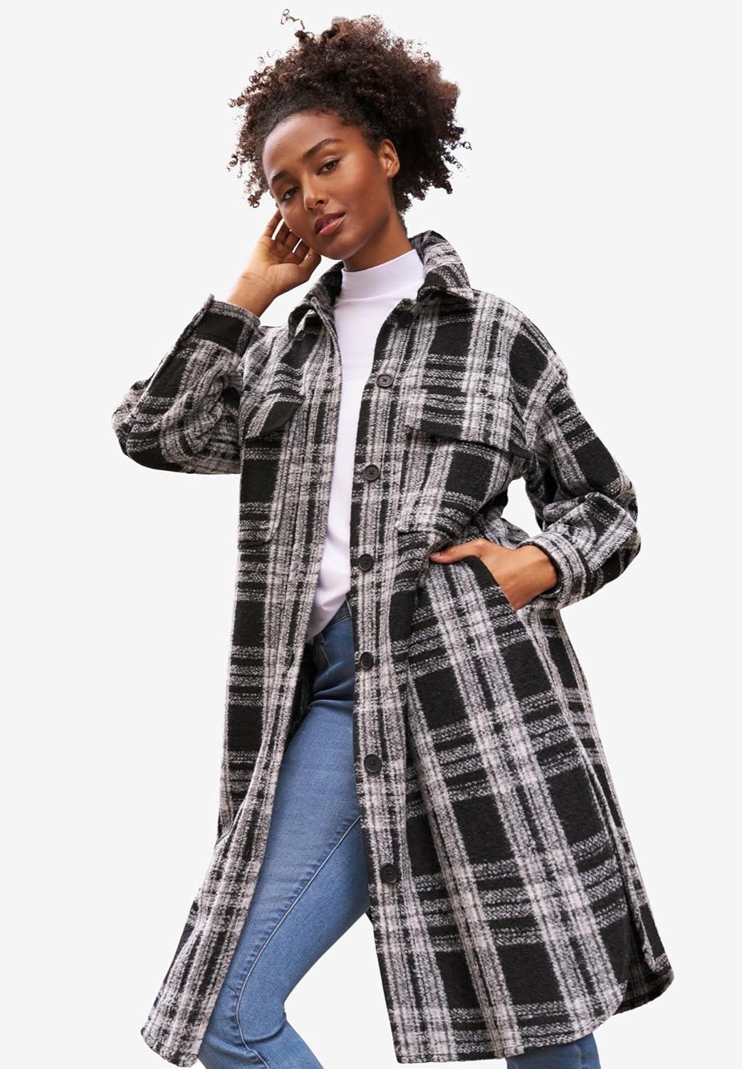 image:imageellos Womens Plus Size Wool Blend Long Shirt Jacket Oversized ShacketDeep Olive Plaid