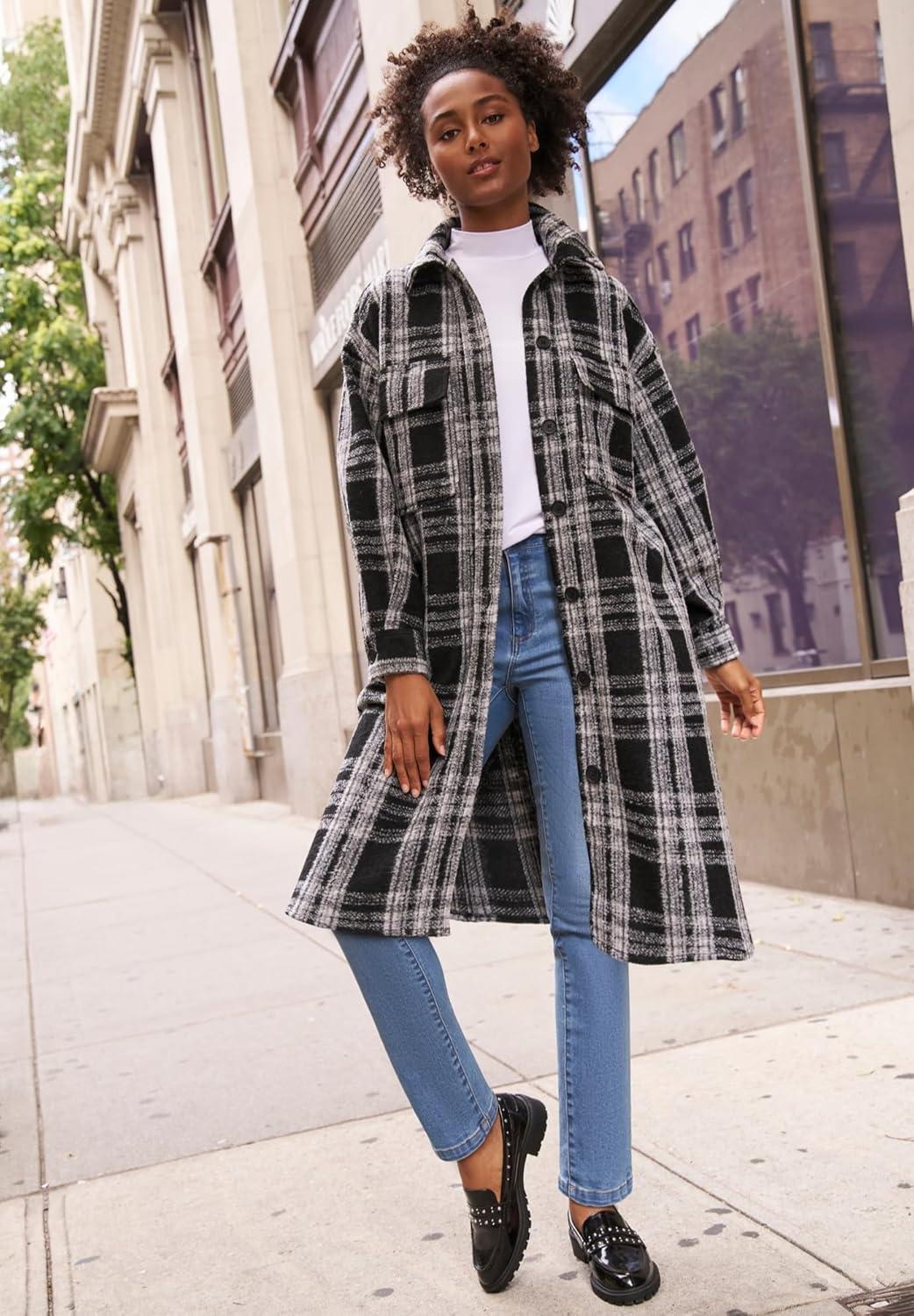 image:imageellos Womens Plus Size Wool Blend Long Shirt Jacket Oversized ShacketDeep Olive Plaid