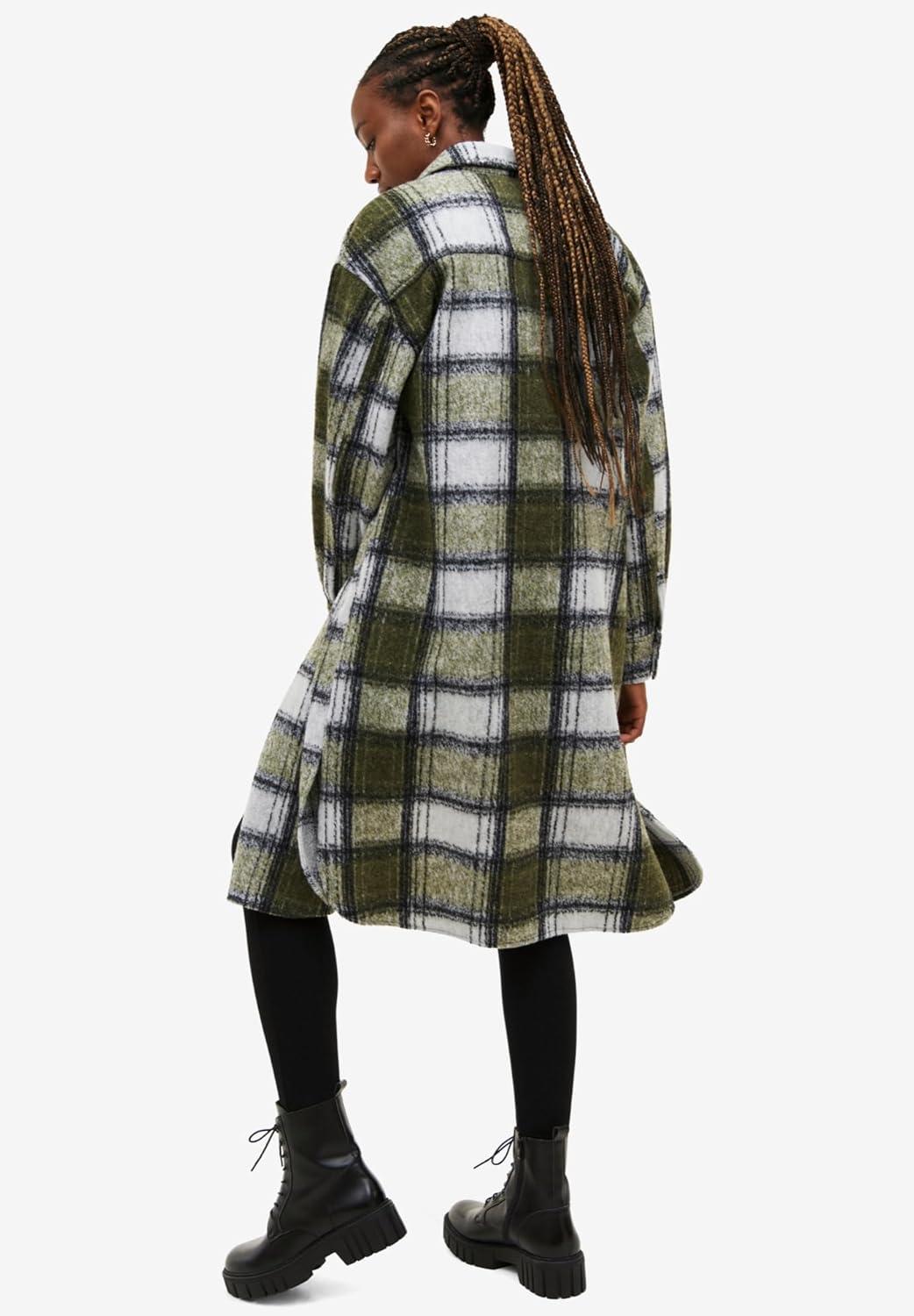 image:imageellos Womens Plus Size Wool Blend Long Shirt Jacket Oversized ShacketDeep Olive Plaid