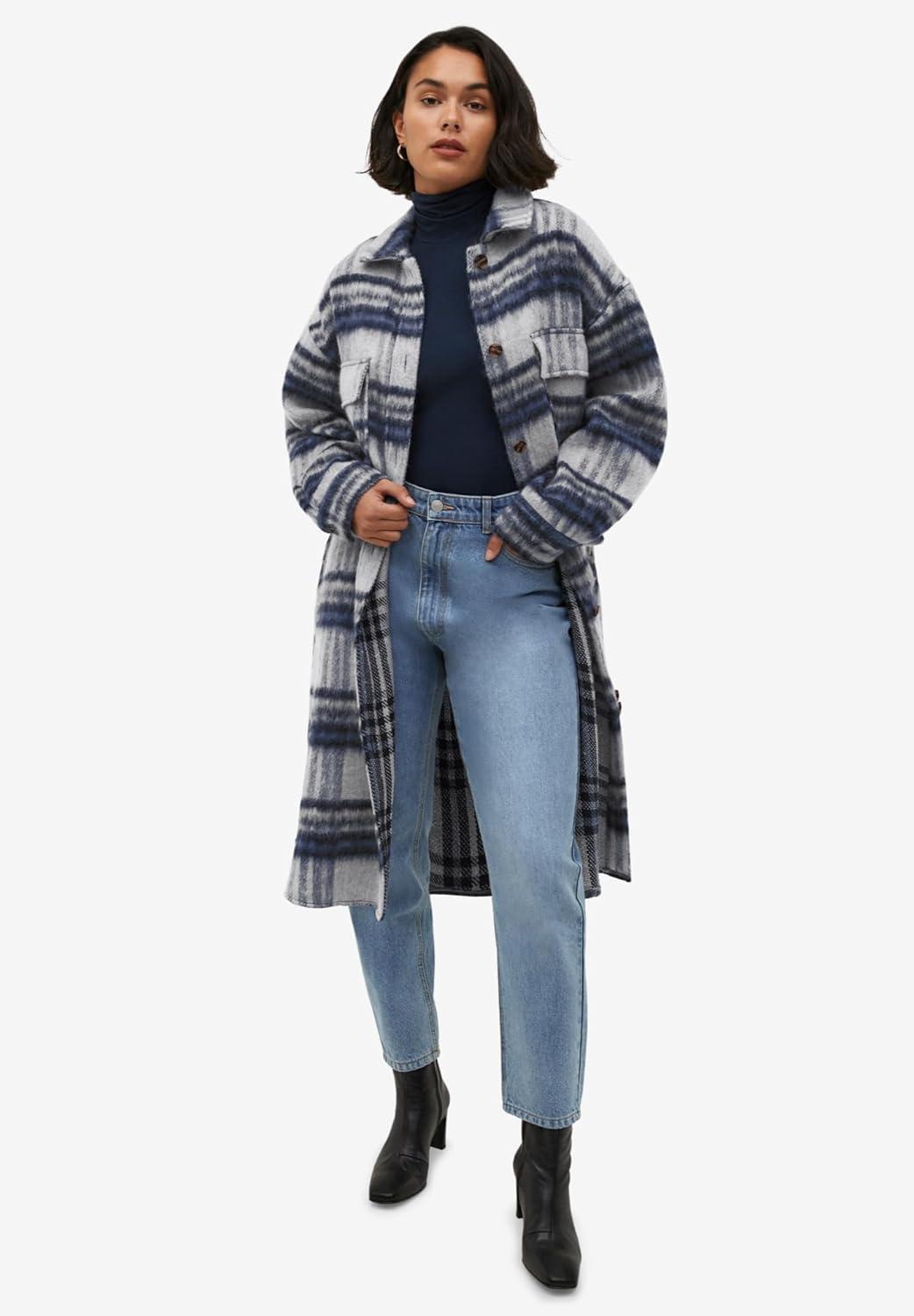 image:imageellos Womens Plus Size Wool Blend Long Shirt Jacket Oversized ShacketDeep Olive Plaid