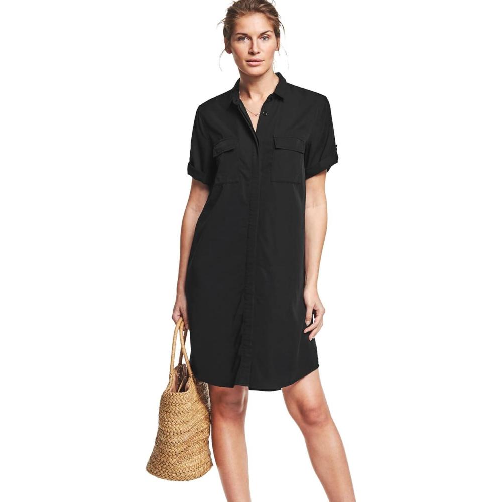 image:imageEllos Plus Size Button Front Linen ShirtdressBlack