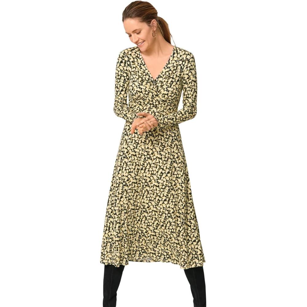 image:imageEllos Plus Size Draped Bodice Knit Midi DressBlack Yellow Ditsy Floral