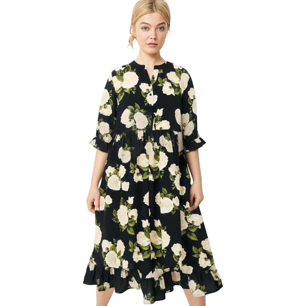image:imageEllos Plus Size Ruffled Empire DressBlack White Rose Print