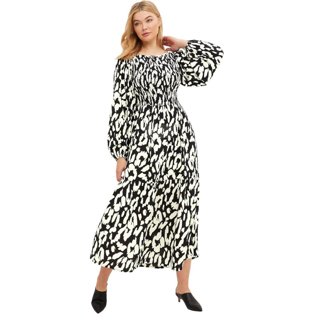 image:imageEllos Plus Size Smocked Bodice Tiered Midi DressBlack Ivory Print