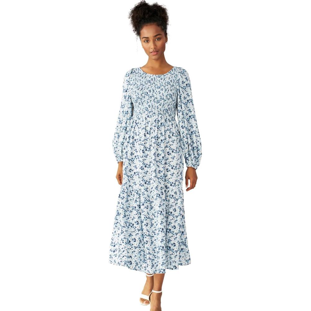 image:imageEllos Plus Size Smocked Bodice Tiered Midi DressBlue Lake Floral