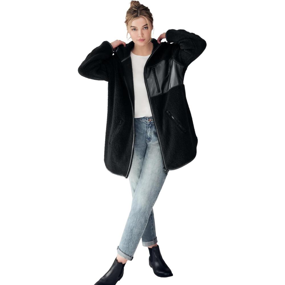 image:imageEllos Plus Size Zip Front Hooded Sherpa JacketBlack