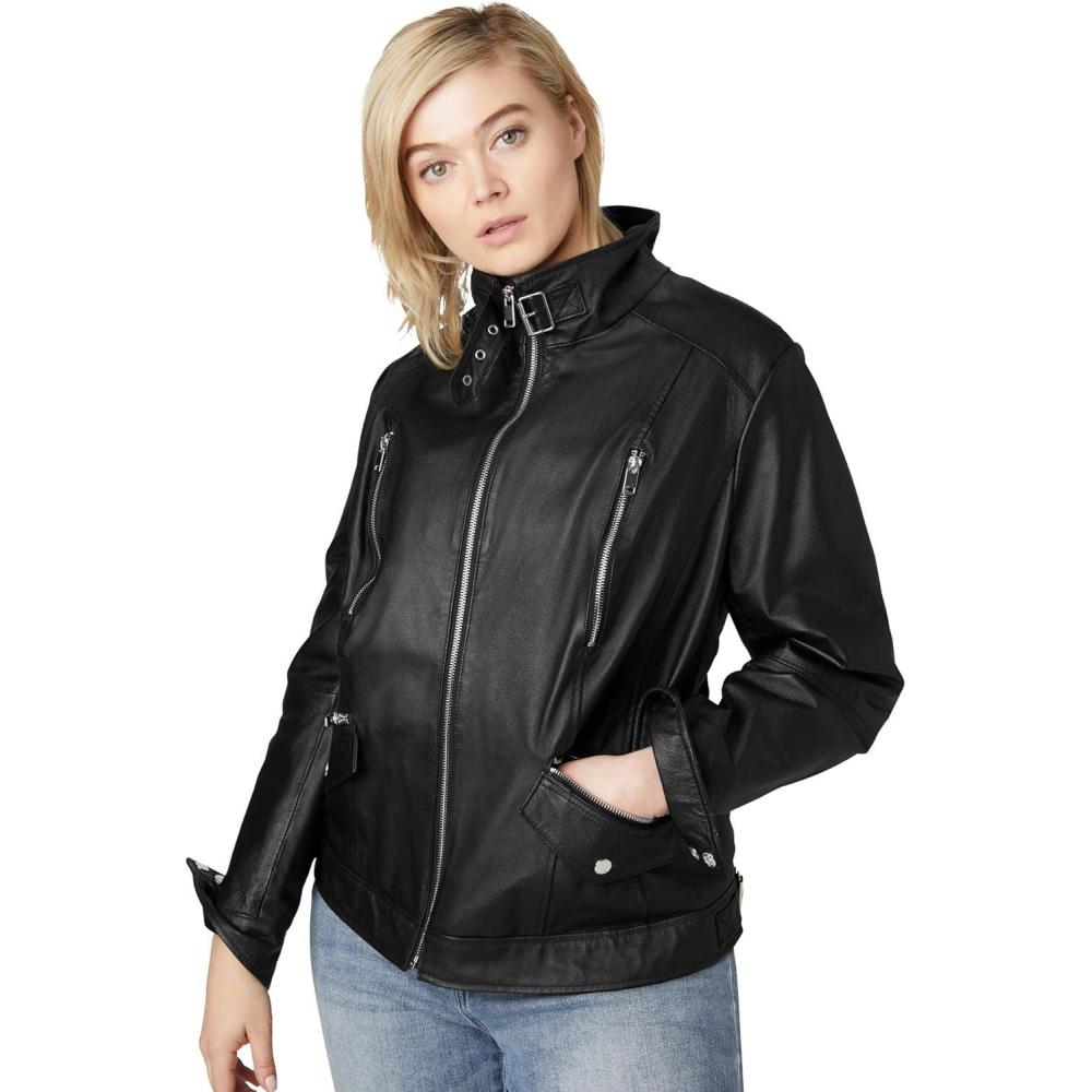 image:imageEllos Plus Size Zip Front Leather JacketBlack