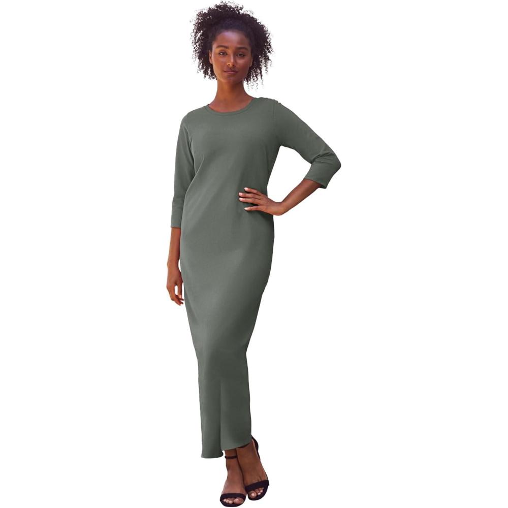 image:imageellos Plus Size Cotton Spandex Crew Neck 34 Sleeve Maxi DressDesert Green