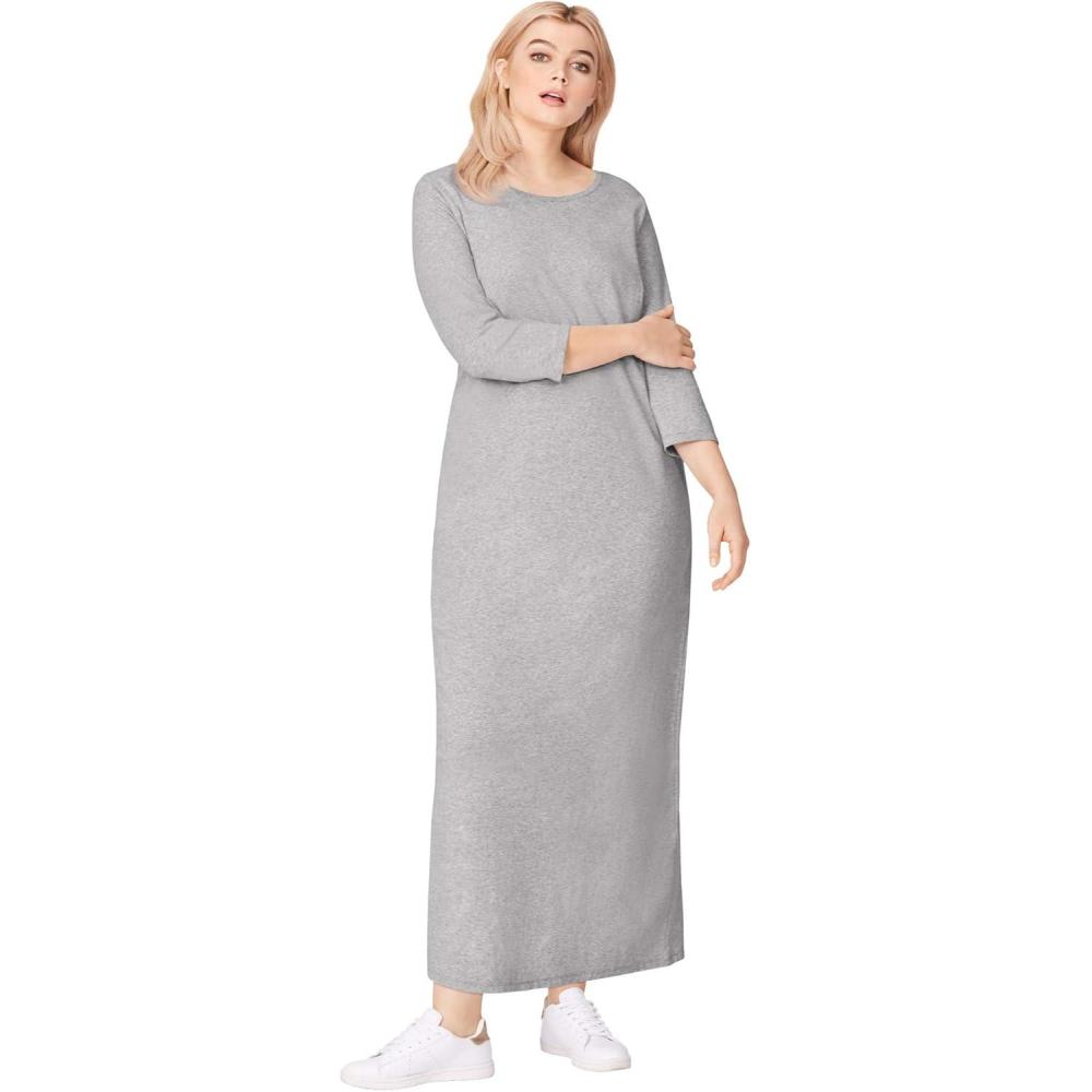image:imageellos Plus Size Cotton Spandex Crew Neck 34 Sleeve Maxi DressHeather Grey
