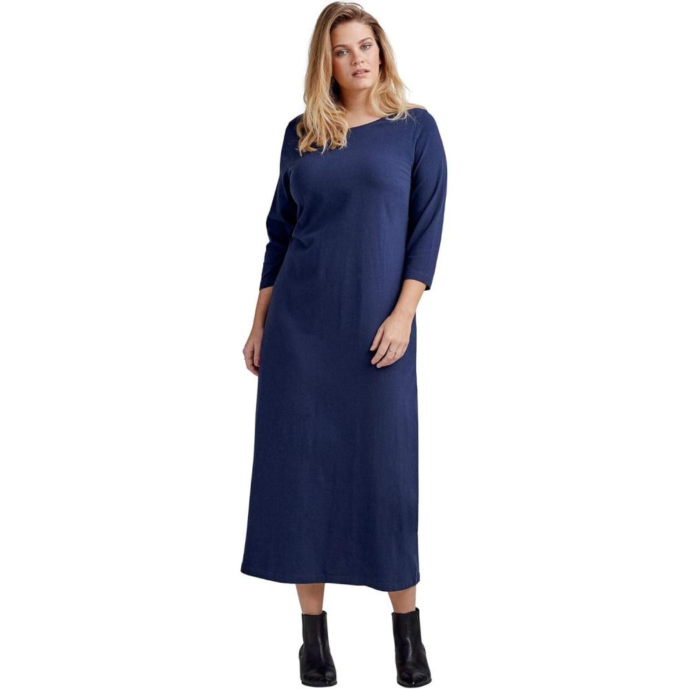 image:imageellos Plus Size Cotton Spandex Crew Neck 34 Sleeve Maxi DressNavy