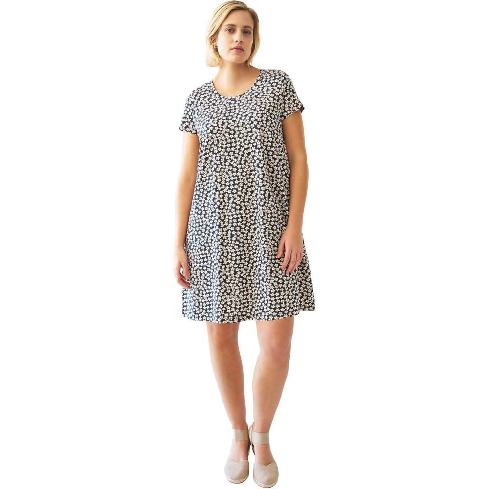 image:imageellos Plus Size Cotton Spandex Scoop Neck Short Sleeve A Line Tee DressNavy White Daisy