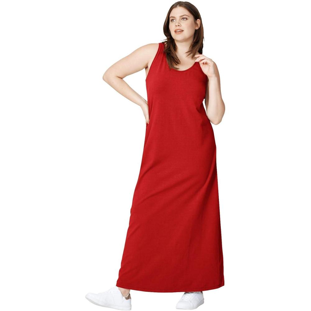 image:imageellos Plus Size Cotton Spandex Scoop Neck Sleeveless A Line Maxi DressChili Red