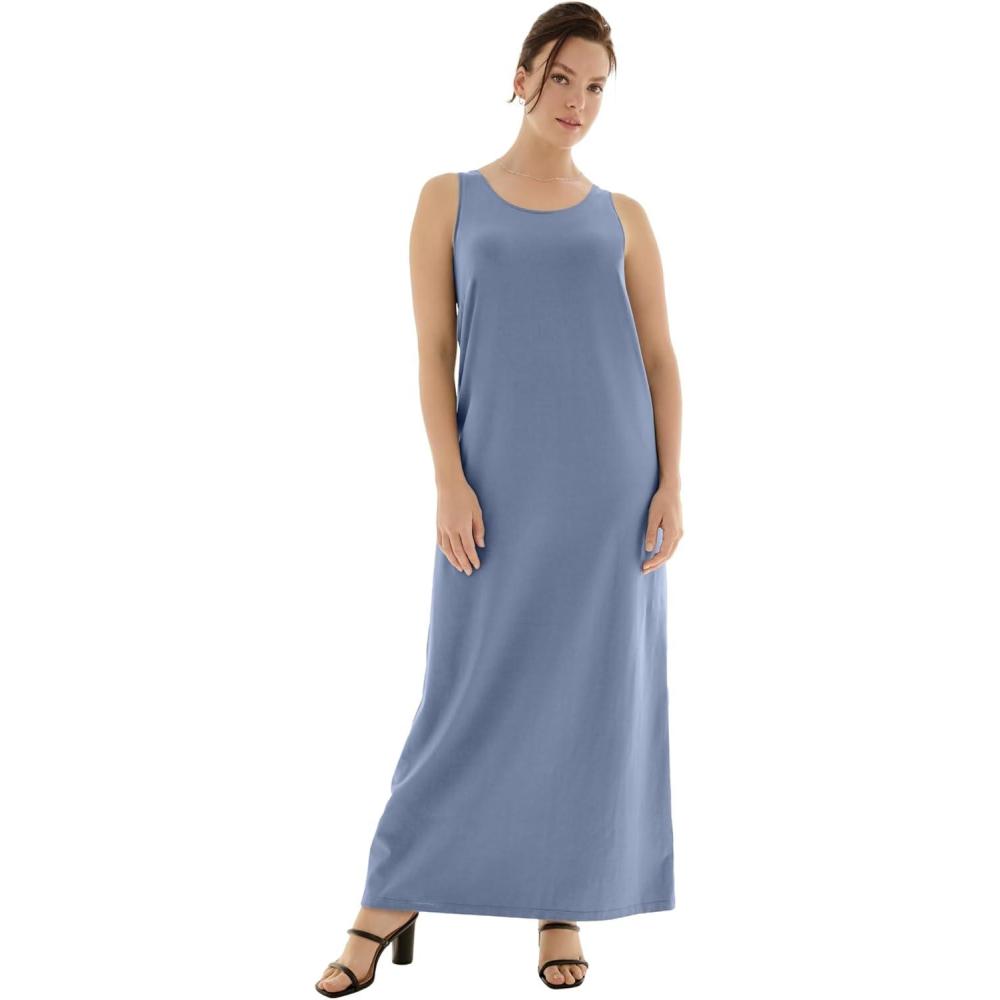 image:imageellos Plus Size Cotton Spandex Scoop Neck Sleeveless A Line Maxi DressPale Indigo