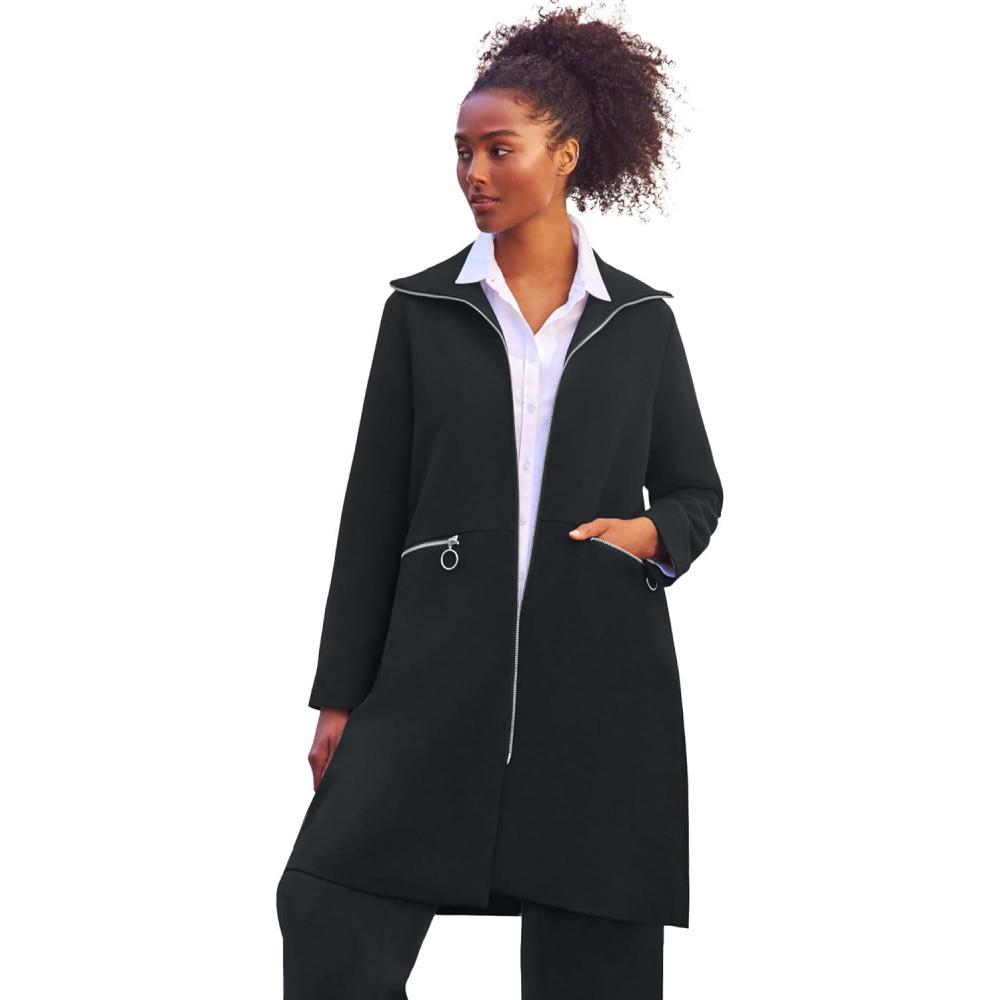 image:imageellos Plus Size Stretch Crepe Zip Front A Line Back Pleat CoatBlack
