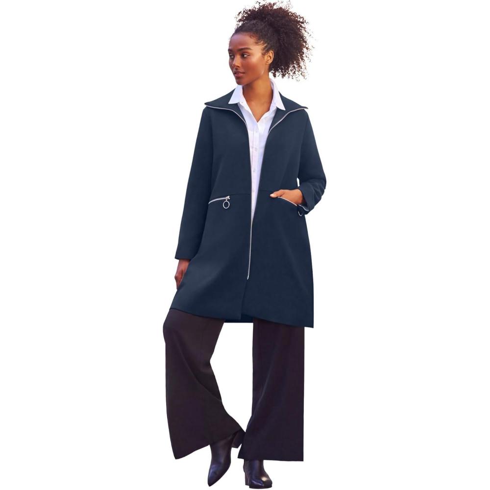image:imageellos Plus Size Stretch Crepe Zip Front A Line Back Pleat CoatNavy