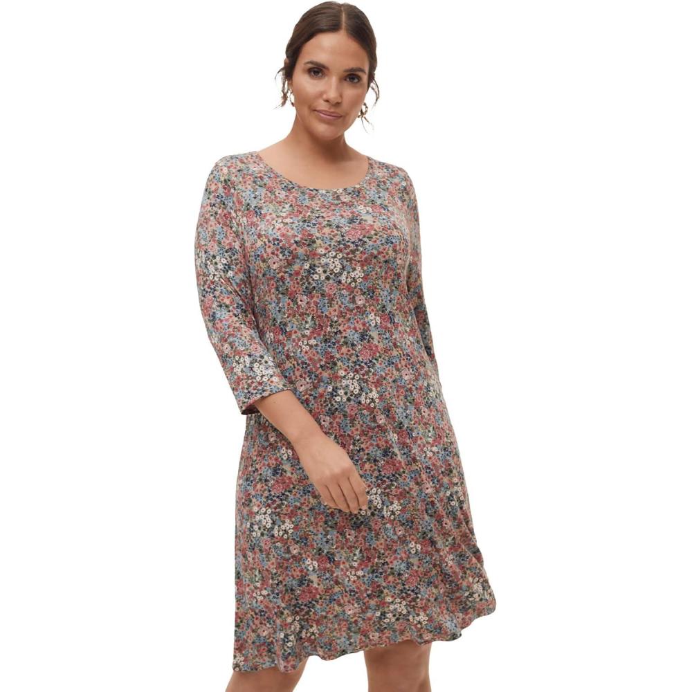 image:imageellos Plus Size Stretch Knit Scoop Neck 34 Sleeve A Line DressGrey Spruce Ditsy Floral