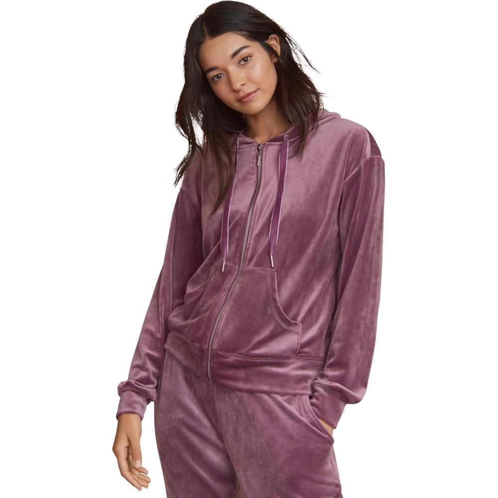 image:imageellos Plus Size Stretch Velour Zip Front Long Sleeve Jacket With HoodFig