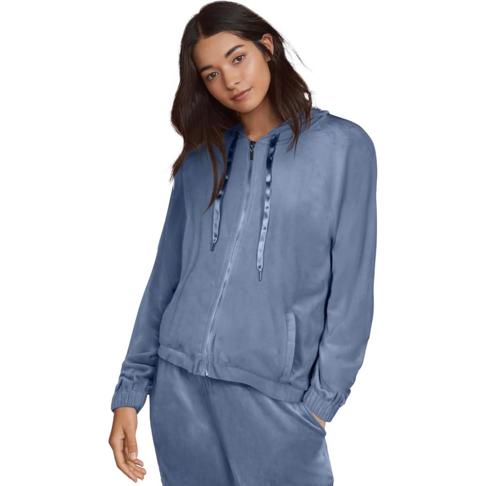 image:imageellos Plus Size Stretch Velour Zip Front Long Sleeve Jacket With HoodPale Indigo