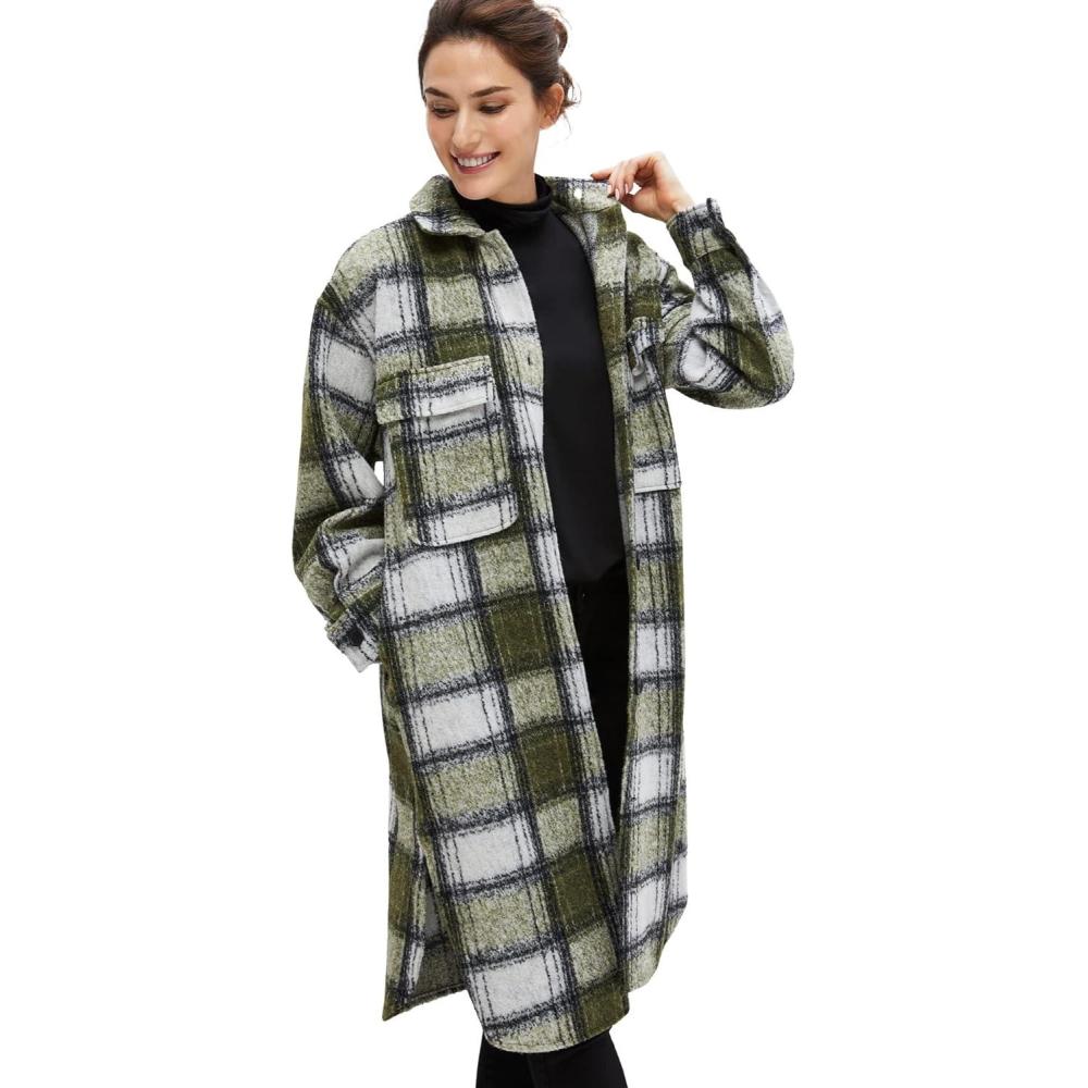 image:imageellos Womens Plus Size Wool Blend Long Shirt Jacket Oversized ShacketDeep Olive Plaid