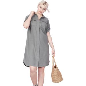Ellos Plus Size Button Front Linen Shirtdress(Olive Grey)