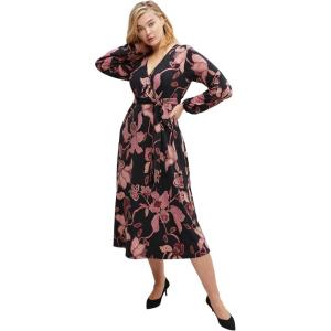 Ellos Plus Size Knit Surplice Midi Dress with Self-Tie(Black Berry Floral)