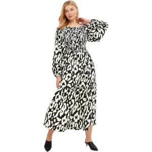 Ellos Plus Size Smocked Bodice Tiered Midi Dress(Black Ivory Print)