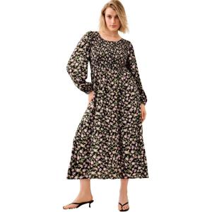 Ellos Plus Size Smocked Bodice Tiered Midi Dress(Black Orchid Pink Floral)