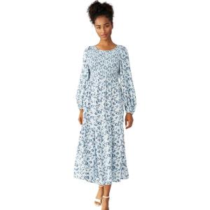 Ellos Plus Size Smocked Bodice Tiered Midi Dress(Blue Lake Floral)