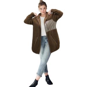 Ellos Plus Size Zip Front Hooded Sherpa Jacket(Brown)