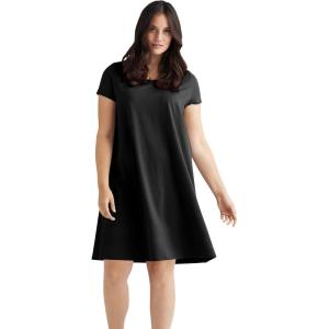 ellos Plus Size Cotton Spandex Scoop Neck Short Sleeve A Line Tee Dress(Black)