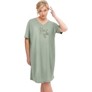 ellos Plus Size Cotton Spandex Vneck Short Sleeve Sleep Shirt(Desert Sage Sleep Well)