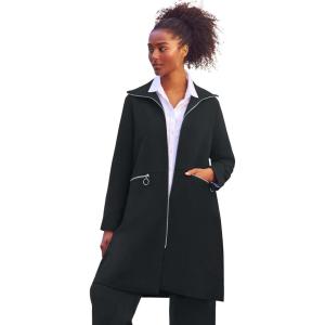 ellos Plus Size Stretch Crepe Zip Front A Line Back Pleat Coat(Black)