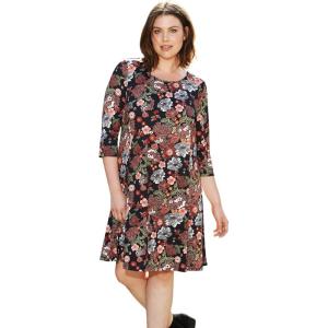 ellos Plus Size Stretch Knit Scoop Neck 3/4 Sleeve A Line Dress(Black Floral Print)
