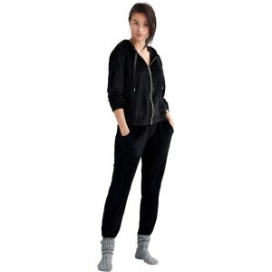 ellos Plus Size Stretch Velour Zip Front Long Sleeve Jacket With Hood(Black)