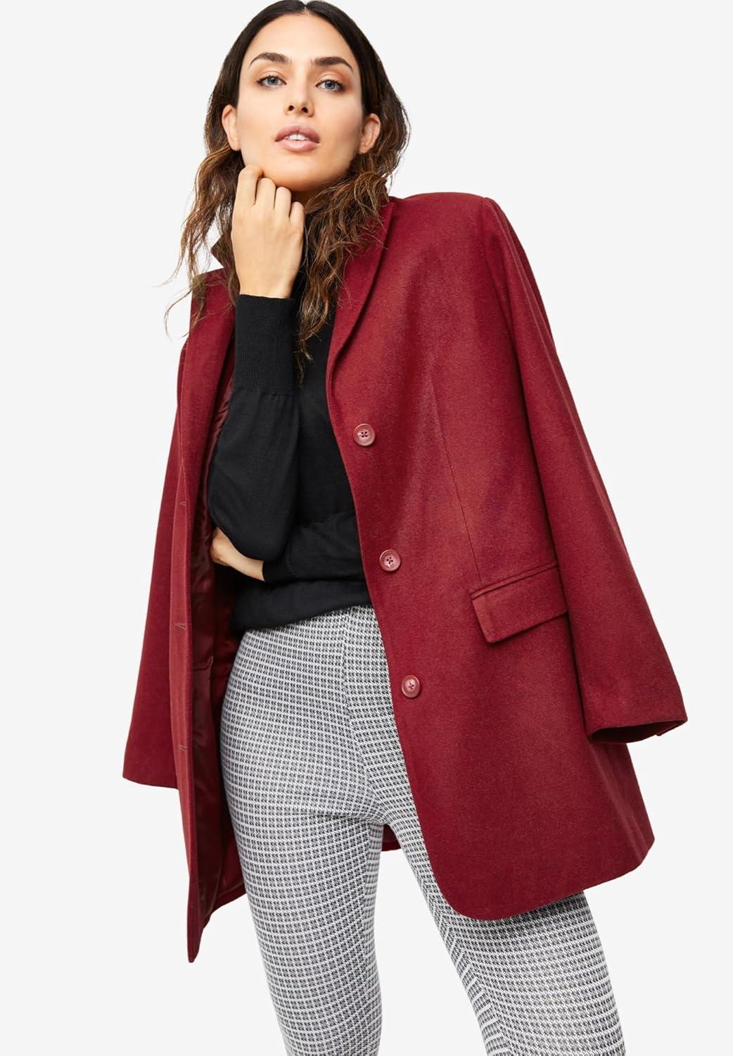 image:imageellos Womens Plus Size Long Wool Blend Blazer Work amp Casual JacketBurgundy