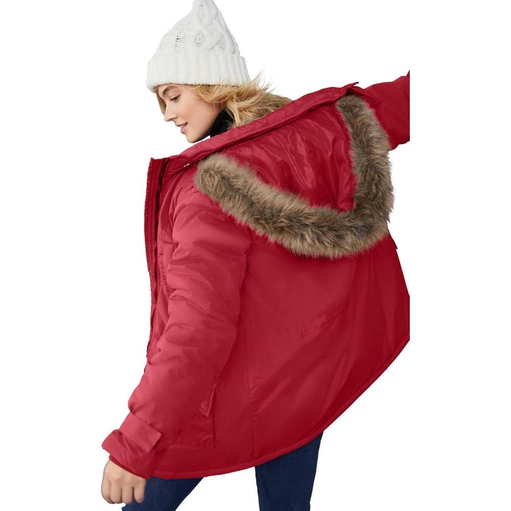 image:imageellos Plus Size Faux Fur Trim ParkaRich Red