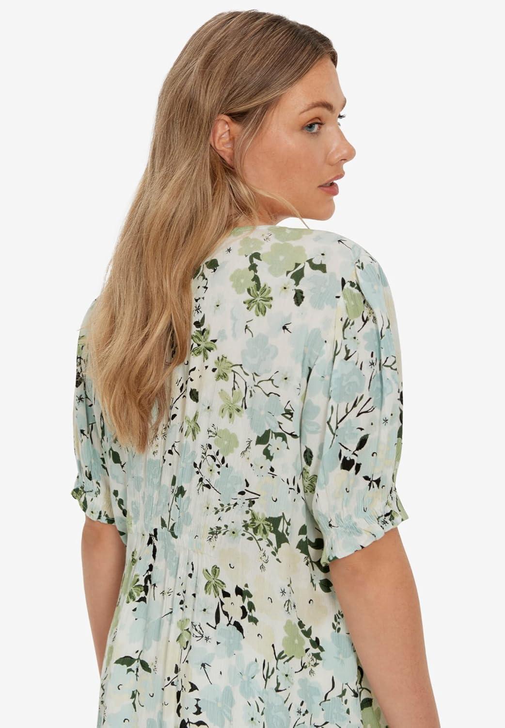 image:imageEllos Plus Size Button Front Crinkle TunicWhite Aqua Sky Floral