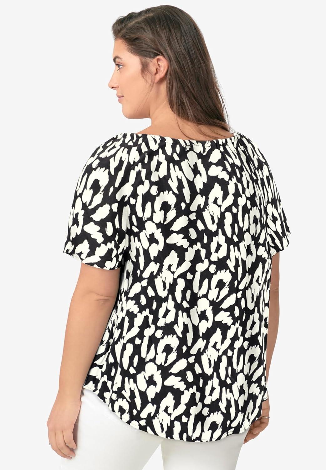 image:imageEllos Plus Size Keyhole Peasant BlouseBlack Ivory Print